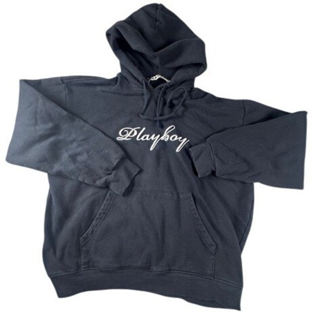 Playboy Hoodie Mens XL Black Script Logo Bunny Sleeve Pullover Sweatshirt